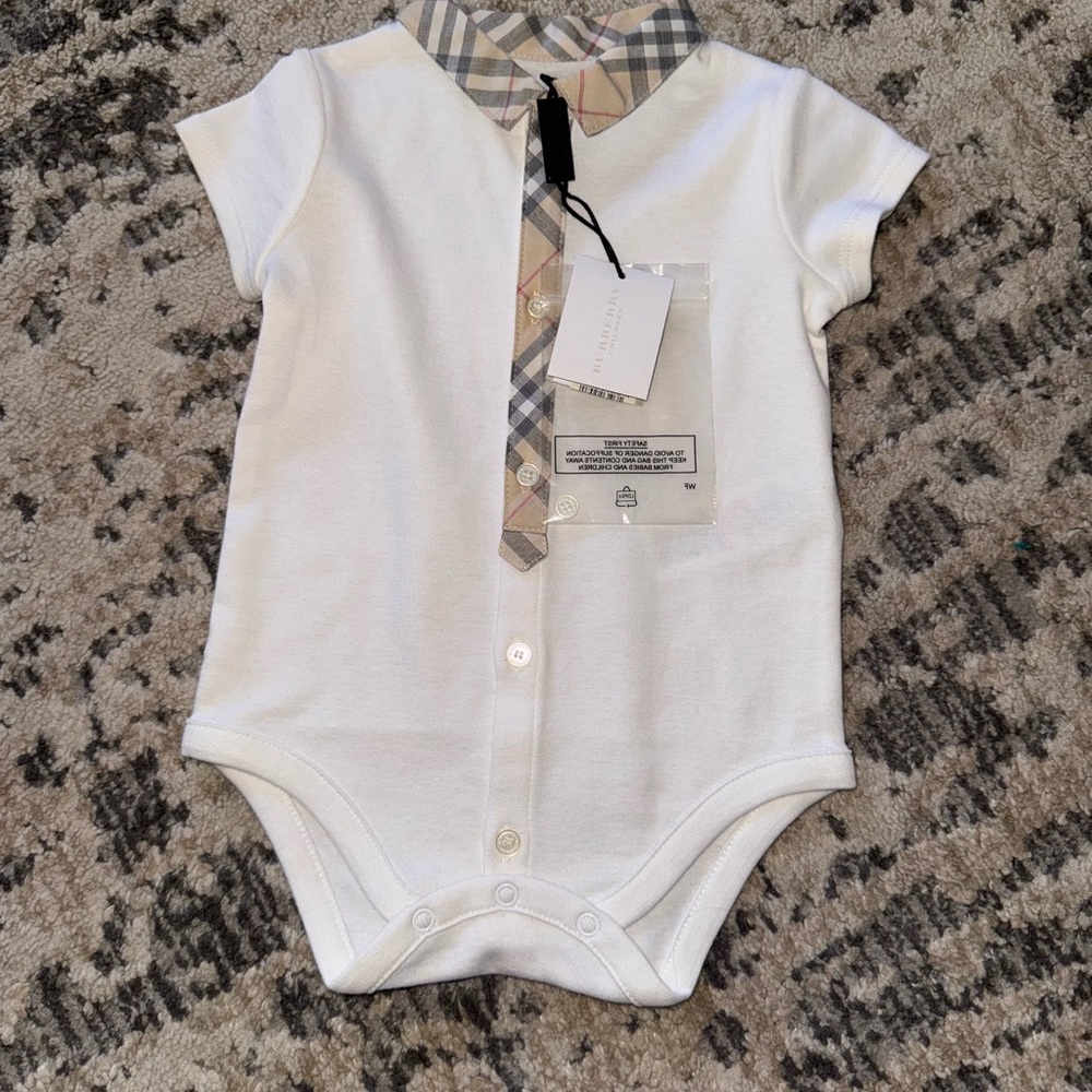 Burberry White Onesie with Plaid Accents